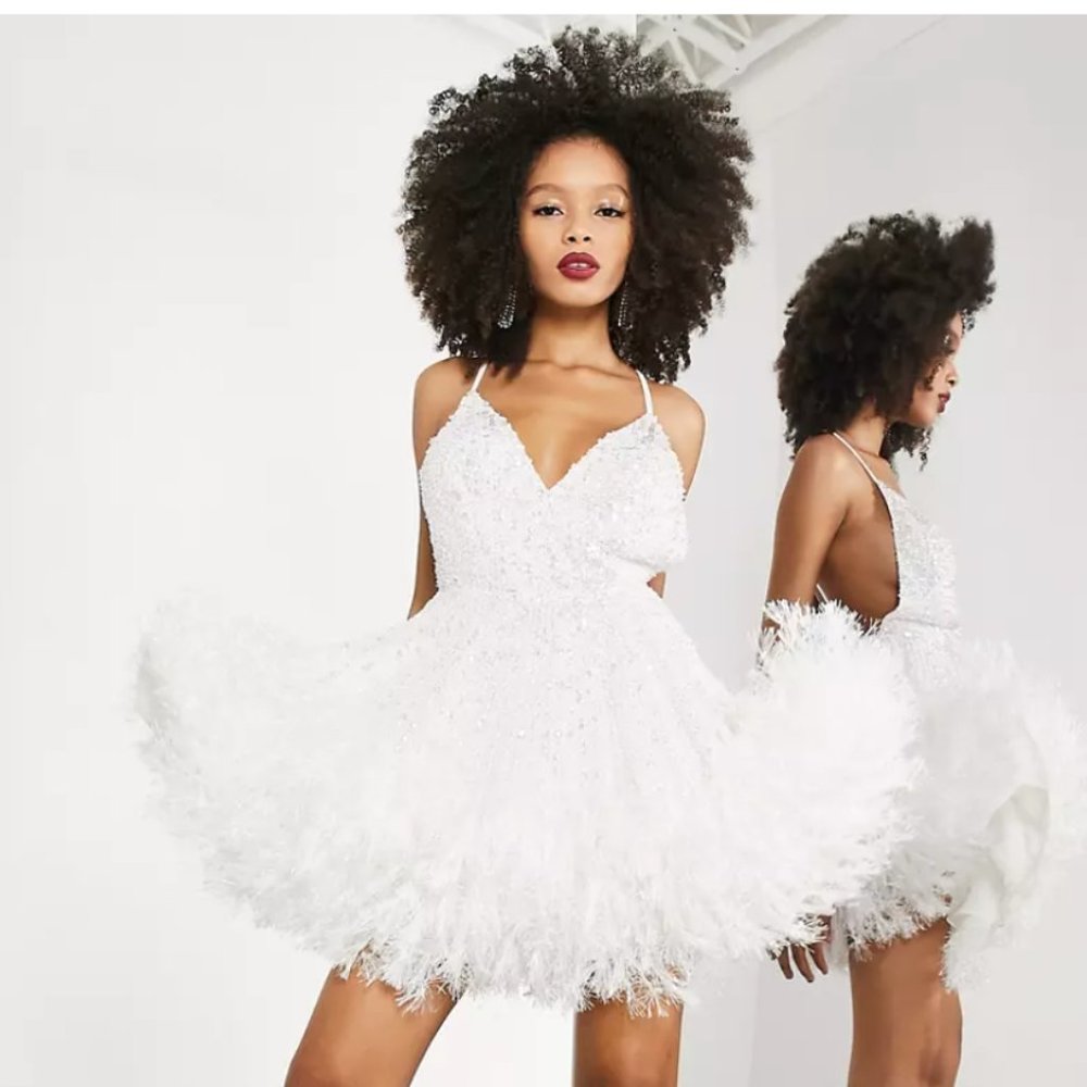 ASOS EDITION sequin cami mini dress with faux feather hem in white, size 2